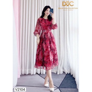 Váy đầm đỏ tay lỡ thắt eo chân váy dập ly hiệu DVC