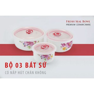 Bộ 3 bát sứ có nắp hút chân không