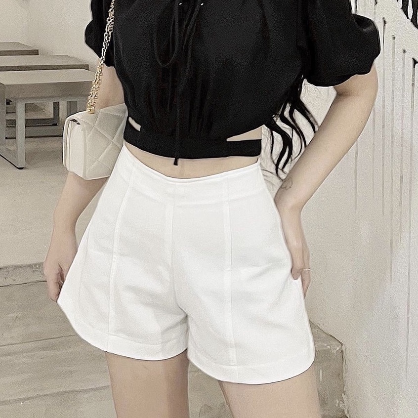 Quần short nữ đen trắng suông fit cạp cao khóa lưng đen mã525