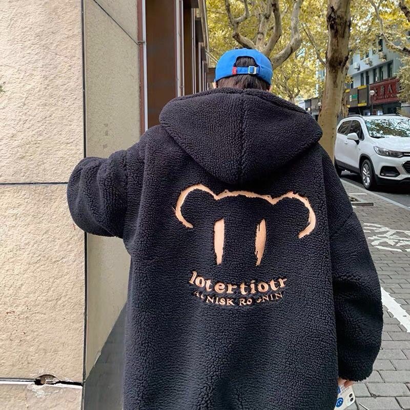Áo Khoác Lông Thêu Gấu Có Mũ Dáng Rộng Phong Cách Unisex Thời Trang Cá Tính