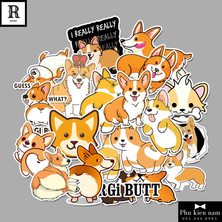 Sticker PVC Chống nước Decal Hình dán Xe Mũ bảo hiểm Corgi ST062