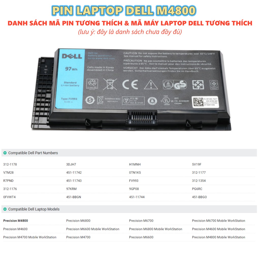 Pin Laptop DELL Precision M4800 (ZIN) 9 CELL - M4600 M4700 M4800 M6600 M6700 M6800