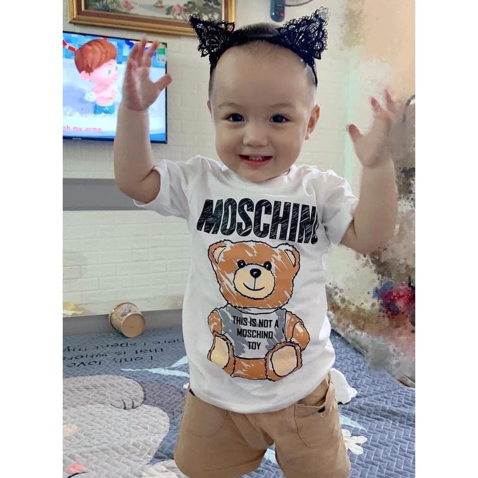 Áo thun bé trai bé gái nam nữ unisex, áo phông gia đình tay lỡ hình gấu 100% cotton trắng - Samyy_vn