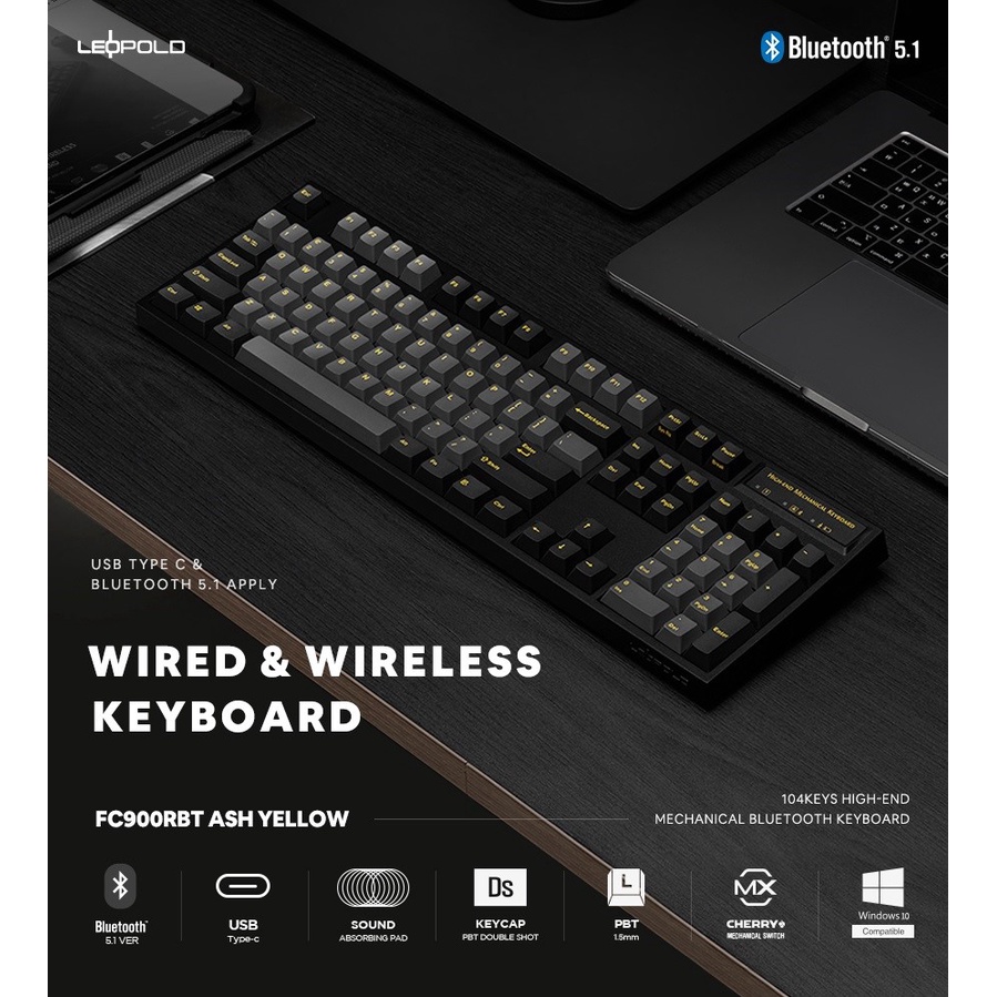 Bàn Phím Cơ Máy Tính Không Dây Hiệu Leopold FC900RBT Bluetooth Ash Yellow -  Hàng Chính Hãng - Bảo H