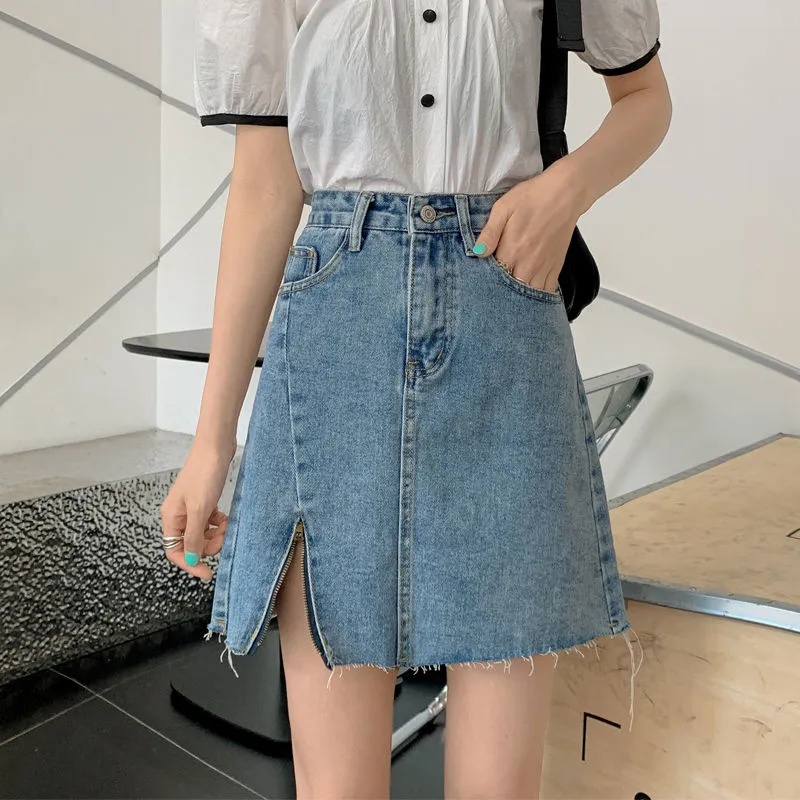 SUXI Chân váy jean Chữ A Lưng Cao Màu Sắc Đơn Giản Phong Cách Vintage