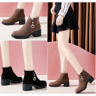 Có ảnh thật - Giày boot nữ da lộn đế vuông cao 5cm phong cách Hàn Quốc B142