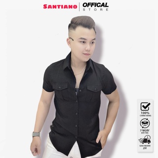 Áo sơ mi nam tay ngắn Santiano túi hộp vải đũi tay ngắn thoáng mát không nhăn - SA1058