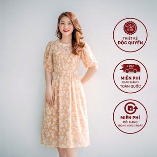 Đầm xòe dự tiệc dạo phố - Cổ tròn khoét V tay bo - Kem hoa - TTV913 TTV Store