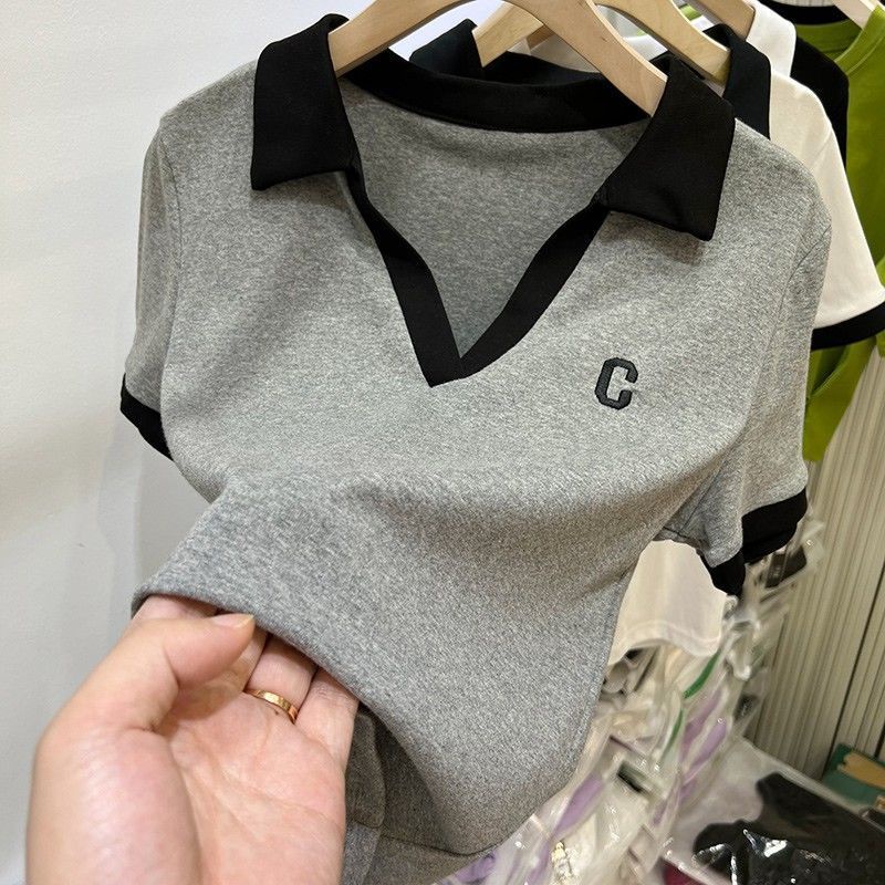 Áo polo Ngắn Tay Ôm Dáng Thêu Chữ Màu Tương Phản Thời Trang Hàn Quốc Cho Nữ