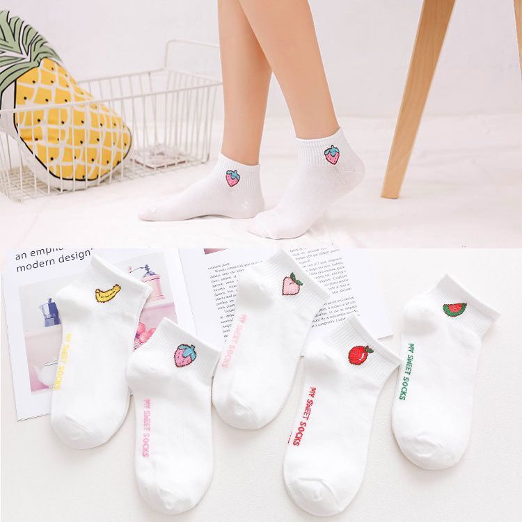 Vớ thể thao cổ cao màu trơn in họa tiết trái cây phong cách Hàn Quốc