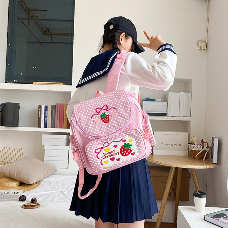 XIXI Balo đi học thêu hình dâu tây hoạt hình phong cách Nhật Bản cho bé gái