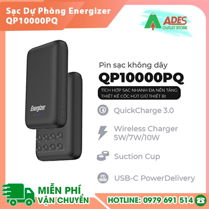 Pin dự phòng Energizer QP10000PQ 10,000mAh - Tích hợp sạc nhanh đa nền tảng, Cốc hút giữ thiết bị-Hàng Chính Hãng
