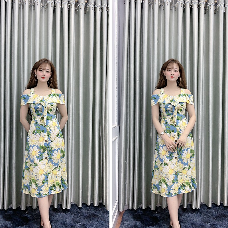 Đầm Nữ Dự Tiệc, Váy Nữ Hoa Cúc Trễ Vai, Váy Hoa Nhí Sang Chảnh V04 | BigBuy360 - bigbuy360.vn