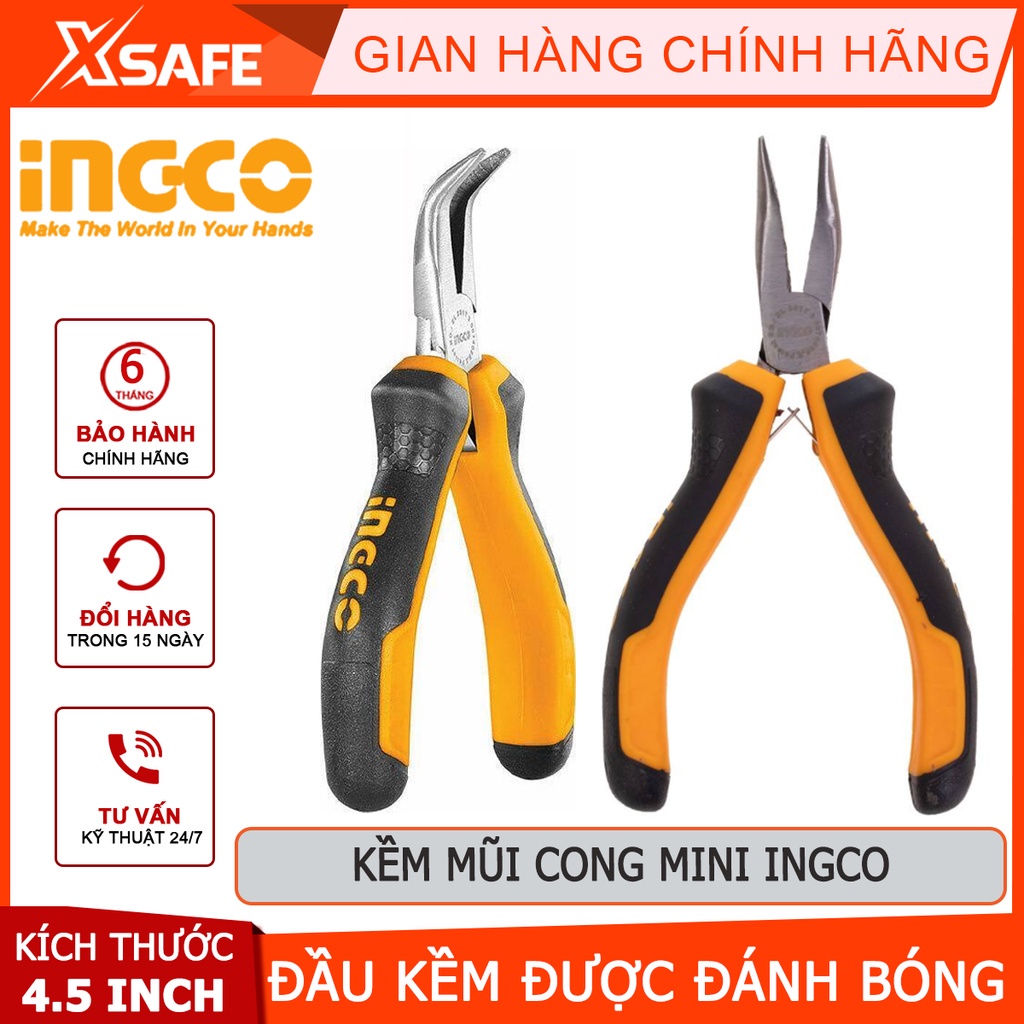 Kìm mũi cong mini INGCO HMBNP08115 Kềm mỏ cong đầu kềm chống gỉ được đánh bóng, tay cầm hai màu - XSAFE