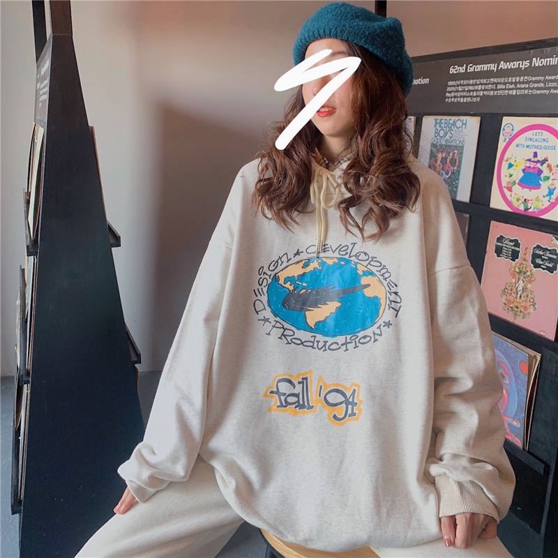 SUXI Áo Hoodie Tay Dài Dáng Rộng In Họa Tiết Thời Trang Hàn Quốc Cho Cặp Đôi