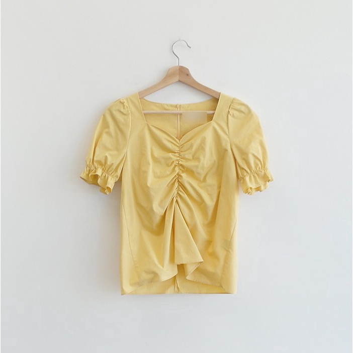 Áo SUXI tay phồng ngắn cổ chữ V xếp ly màu trơn phong cách Hàn Quốc thời trang