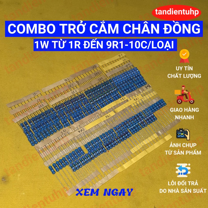 Trở cắm 1W màng kim loại, chân Đồng, sai số 1% , 21 mã từ 1R đến 9R1 mỗi mã 10 chiếc, thương hiệu Đài Loan