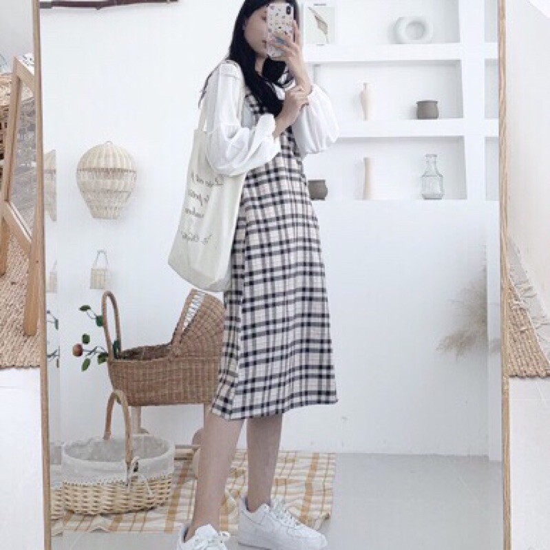 [Mã FADI5K245 giảm 5K đơn 0đ] Set váy yếm kẻ caro tặng kèm áo tay bồng Ulzzang, Set váy vintage kèm áo tay bo siêu xinh | BigBuy360 - bigbuy360.vn