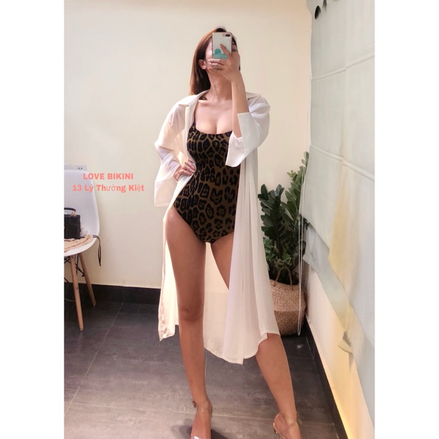 Bikini liền , đồ bơi nữ 1 mảnh da báo cổ vuông hai dây