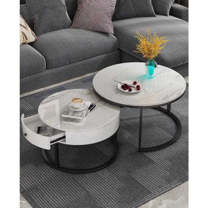 Bàn Trà Tròn Đôi ,Bàn Sofa Mặt Đá Phòng Khách Cao Cấp Có Ngăn Kéo