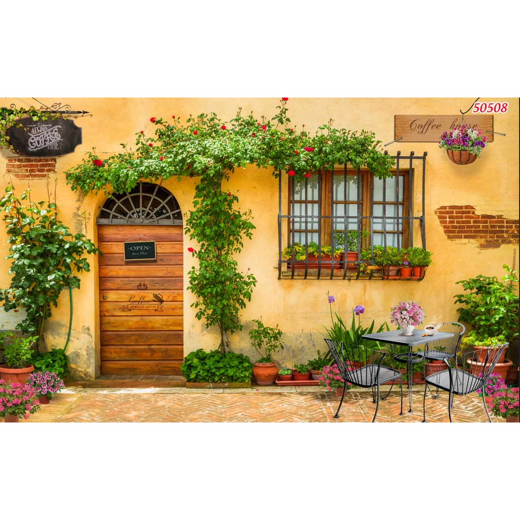 Tranh dán tường Quán Cafe, Trà Sữa, Trang Trí Cửa Hàng 3D mẫu hot