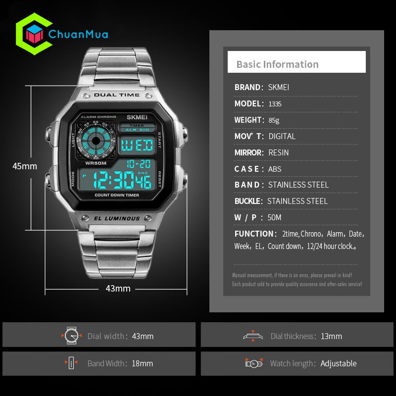Đồng Hồ Nam Điện Tử SKMEI 1335 EL Luminous DHA508 - Silver, Black, Rose Gold. | BigBuy360 - bigbuy360.vn