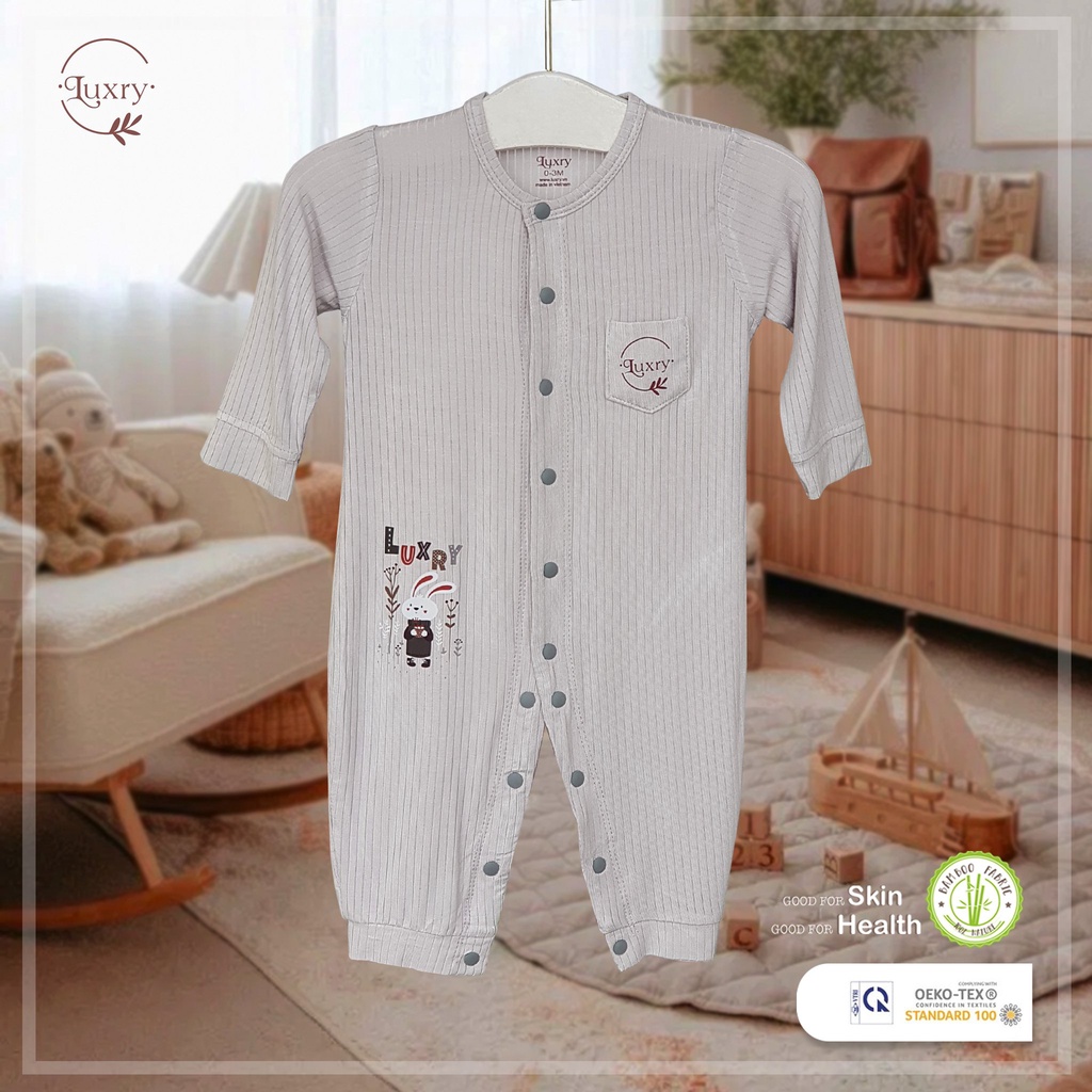 Bộ đồ liền thân Body dài tay, bodysuit Luxry thỏ vân đáng yêu chất vải sợi tre cho trẻ sơ sinh đến 18 tháng