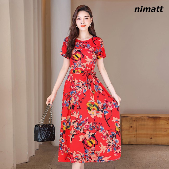 Women  Dress Crew-neck Short-sleeved Plus Size Bowknot Skirt Long Flower Printed Waist-slimming