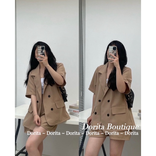 Set áo vest trơn basic cộc tay kèm quần short form oversize, Set áo Blazer kèm quần short Hàn Quốc