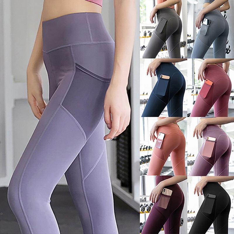 【Ready Stock】 Yoga Pants Stretchy Sport Leggings High Waist Tights Sport Pants Side Pockets Push Up 
