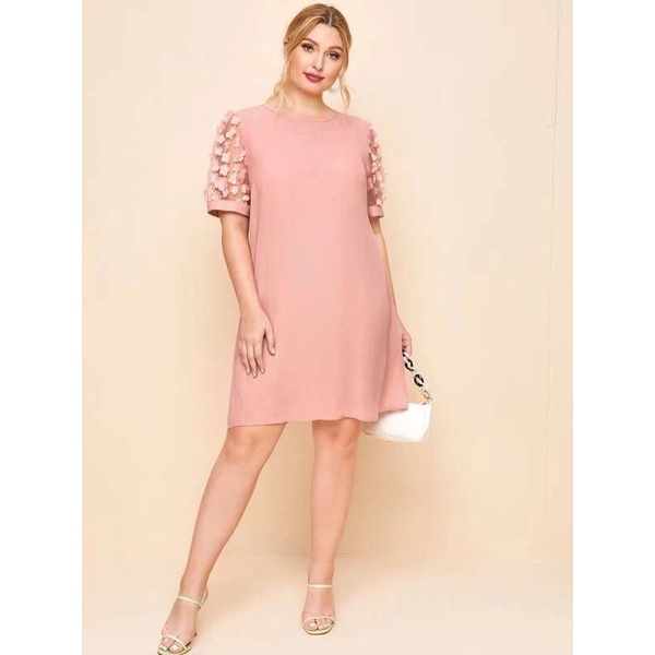 Đầm suông màu hồng tay voan hoa big size 75-115kg