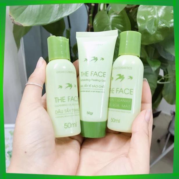 Bộ ba SKINCARE SỮA RỬA MẶT/GEL TẨY TẾ BÀO CHẾT/DẦU TẨY TRANG THEFACE-VYCHI chai nhỏ 50ml