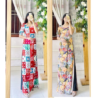 Áo dài gạch bông cô ba sài gòn - áo tay bồng tay phồng