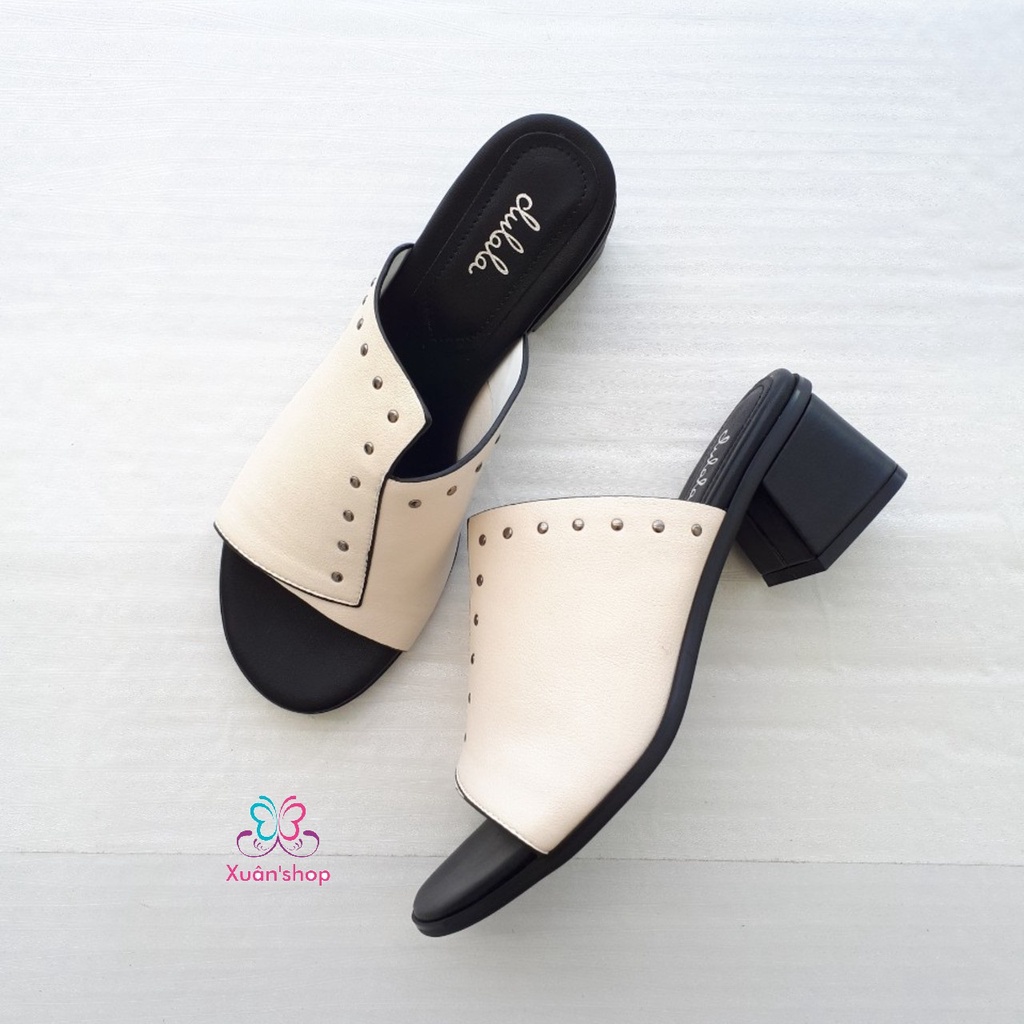 Dép thời trang Daphne da mềm, quai bản rộng, gót vuông cao 5cm