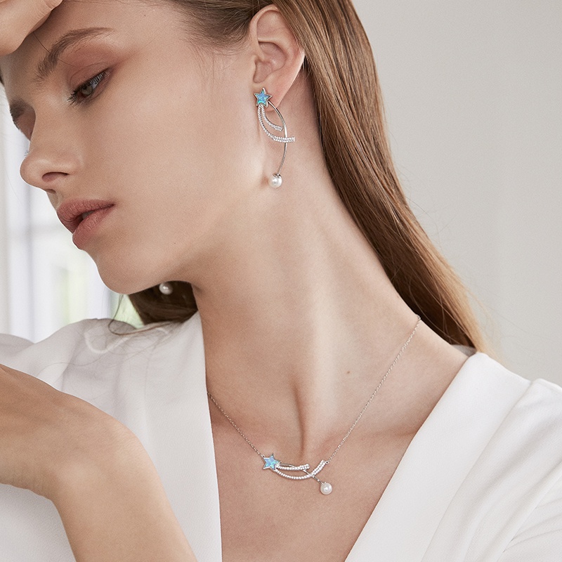 BAMOER Set Vòng cổ Và Bông Tai bạc 925 Hình Ngôi Sao Thời Trang