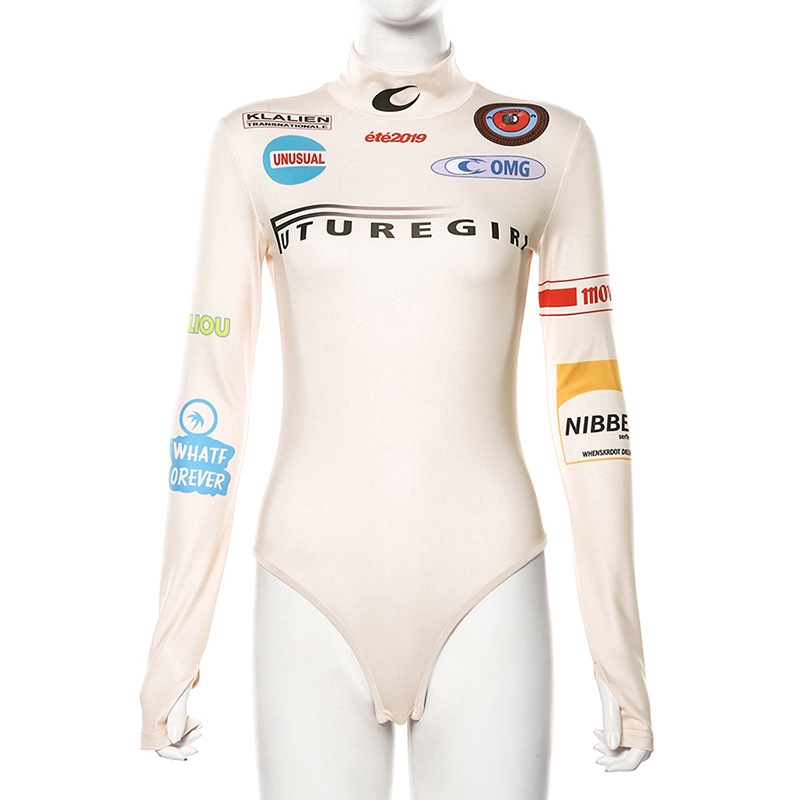 Xia COD Modou Fashion Graphic Print Slim Bodysuit Women Long Sleeve Turtleneck Rompers