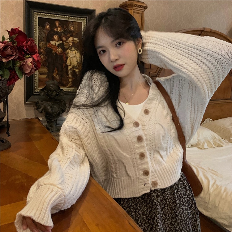 Áo cardigan dáng rộng dệt kim cổ V dài tay thời trang retro cho nữ