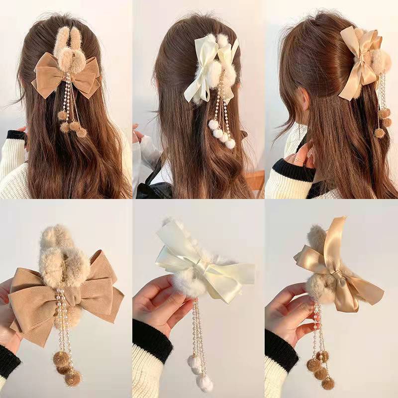 Kẹp Tóc Phối Nơ Bằng Vải Lông Ngọt Ngào Phong Cách Hàn Quốc