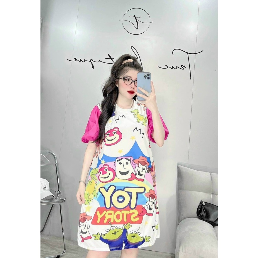 Đầm thun cộc tay in họa tiết hoạt hình dáng xuông rộng giấu quần