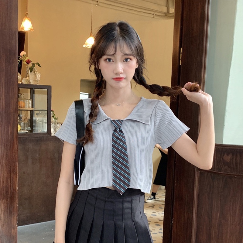 ZHELIHANGFEI Áo len dệt kim POLO cổ áo ngắn tay eo cao cổ điển