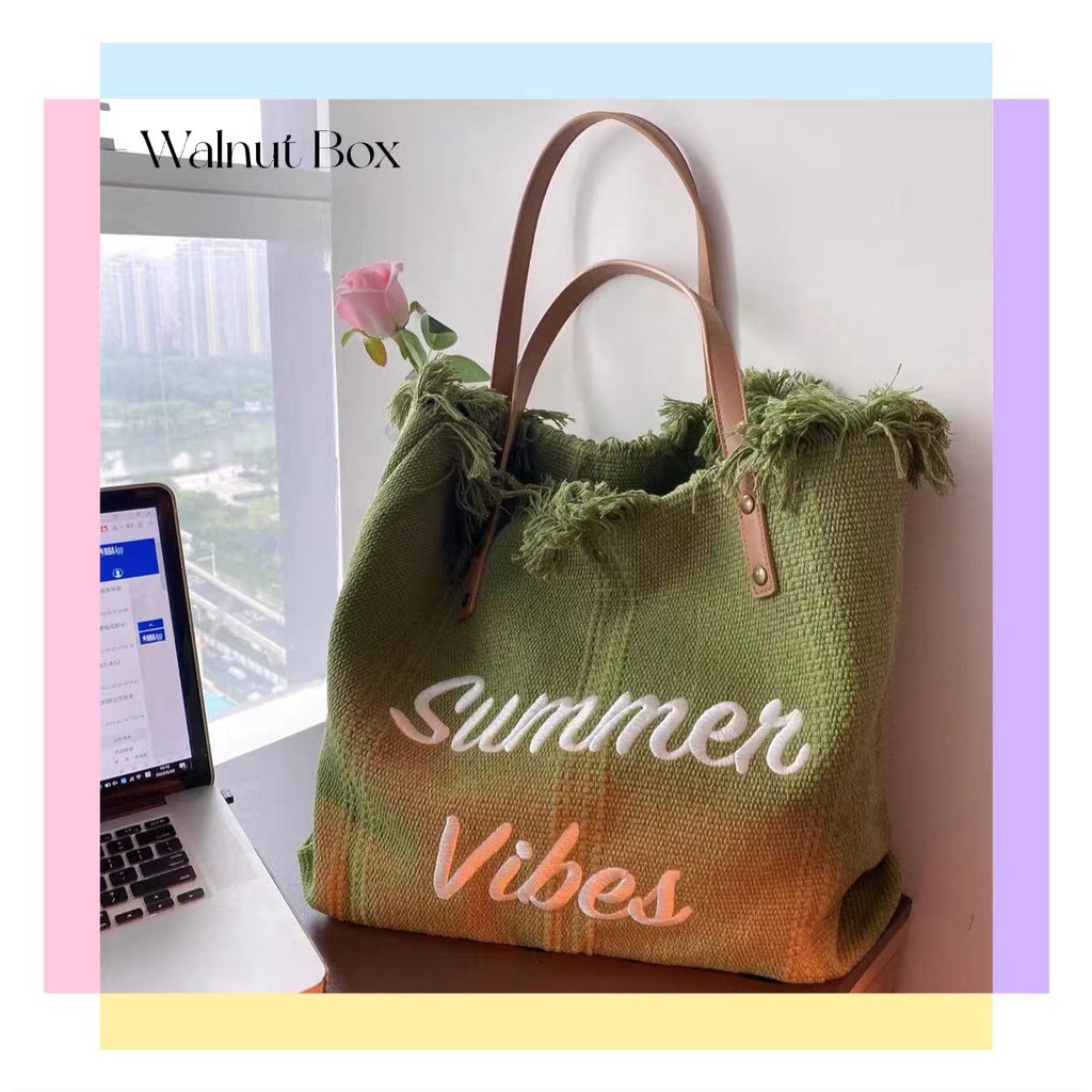 Olive Green!Túi Xách Canvas Cỡ Lớn Thêu Chữ Phong Cách Nhật Hàn