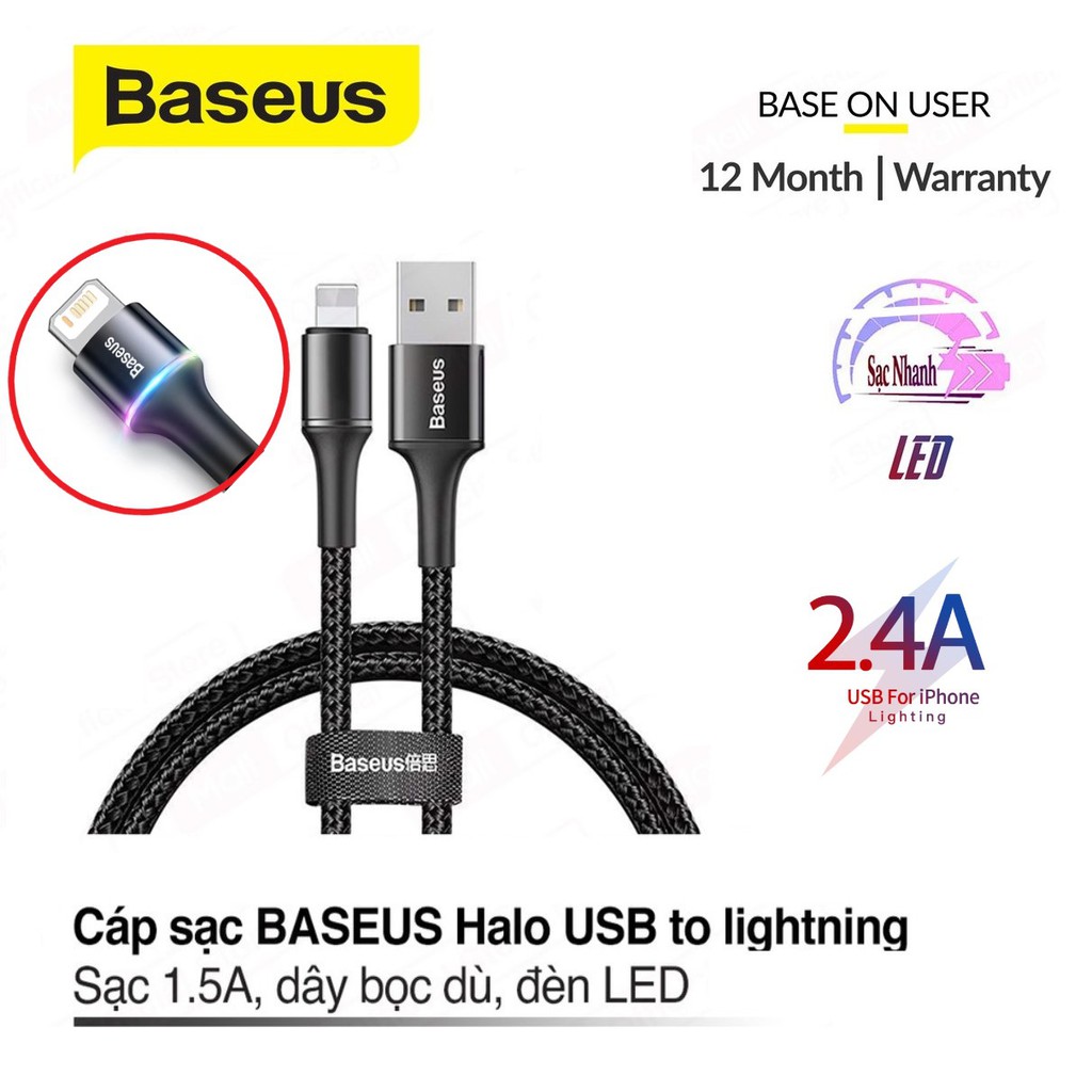 Cáp sạc BASEUS Halo Data USB to Lightning dành cho iPhone/iPad sạc nhanh  dây bọc dù, có đèn LED khi sạc