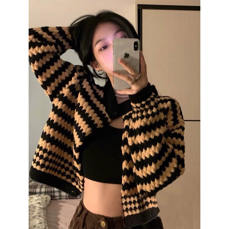 Áo Khoác Dệt Kim Nữ Dài Tay Kẻ Sọc Kiểu Hàn Quốc Có 3 Màu