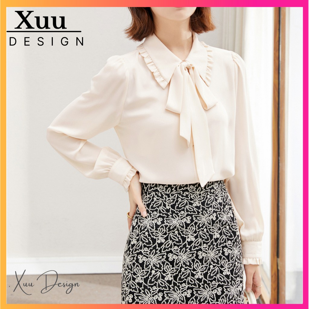 Áo Sơ Mi Nữ Thắt Nơ Xuu Design 💖 Freeship - Ảnh Thật💖 Sơ mi kiểu Nữ Chất Vải Đẹp Xu03 Kem