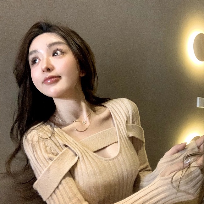 Áo dệt kim ZHELIHANGFEI tay dài cổ chữ V thiết kế dây vai thời trang quyến rũ