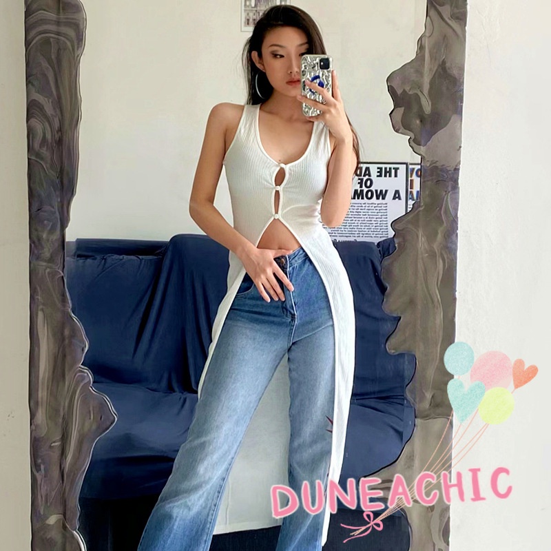 DUNEA Áo Sát Nách Dáng Dài Cổ Chữ U Phối Hàng Nút Thời Trang Đường Phố