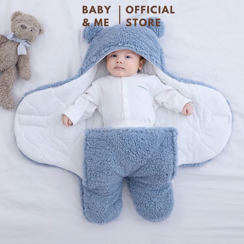 Chăn Ủ Gấu Lông Cừu Liền Chân Cho Bé 3 Lớp Dày Dặn Siêu Ấm
