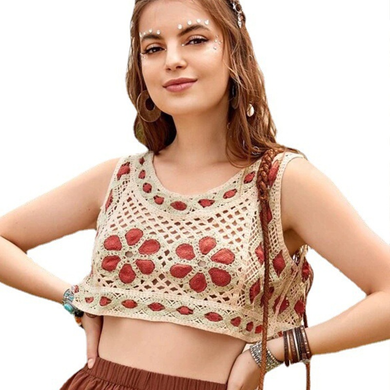 Áo Croptop Dệt Kim Dáng Rộng Họa Tiết Hình Học Phong Cách Vintage Cho Nữ
