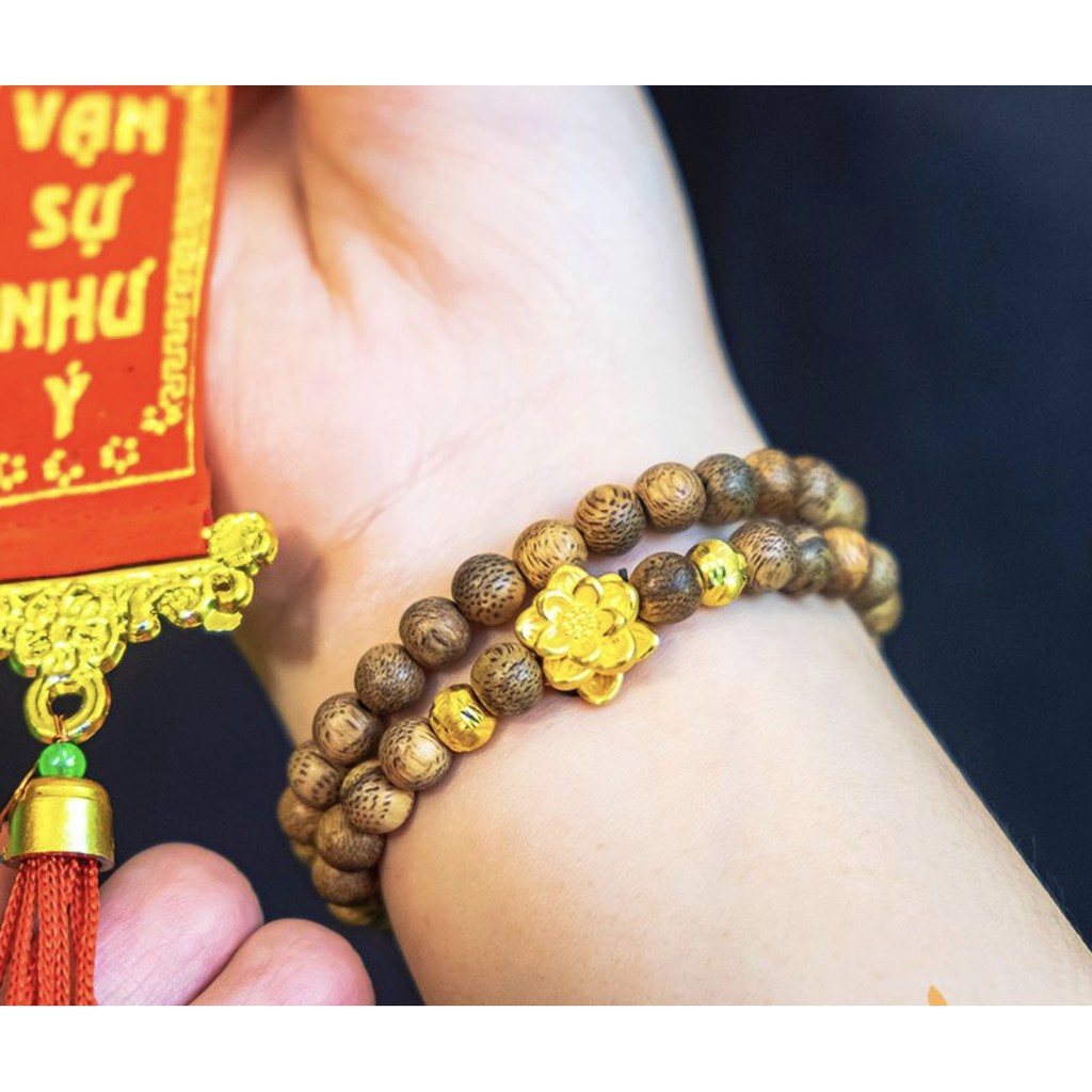 Vòng Tay Gỗ Trầm Hương 6mm - 8mm Mix Bạc Ta Phủ Vàng 24K Hoa Sen (quấn tay 2 vòng)