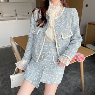 Set dạ tweed xanh 2 món tiểu thư basic dễ mặc kèm ảnh thật MS30
